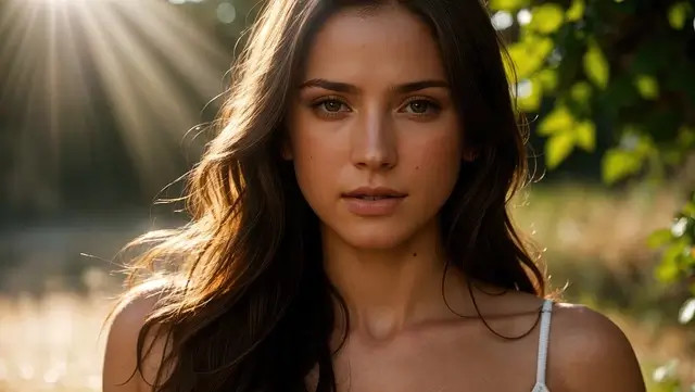 Mujer joven con cabello oscuro, mirando a cámara, iluminada por el sol entre hojas verdes. Cutis Normal.