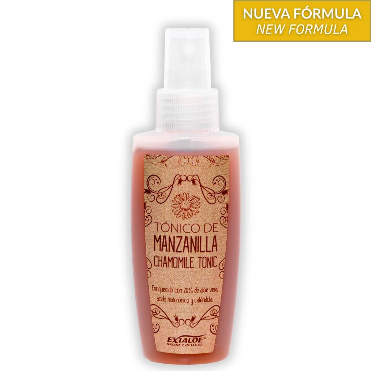 Botella de tónico facial rosa con etiqueta “Tónico de Manzanilla” y texto “Nueva Fórmula” arriba.