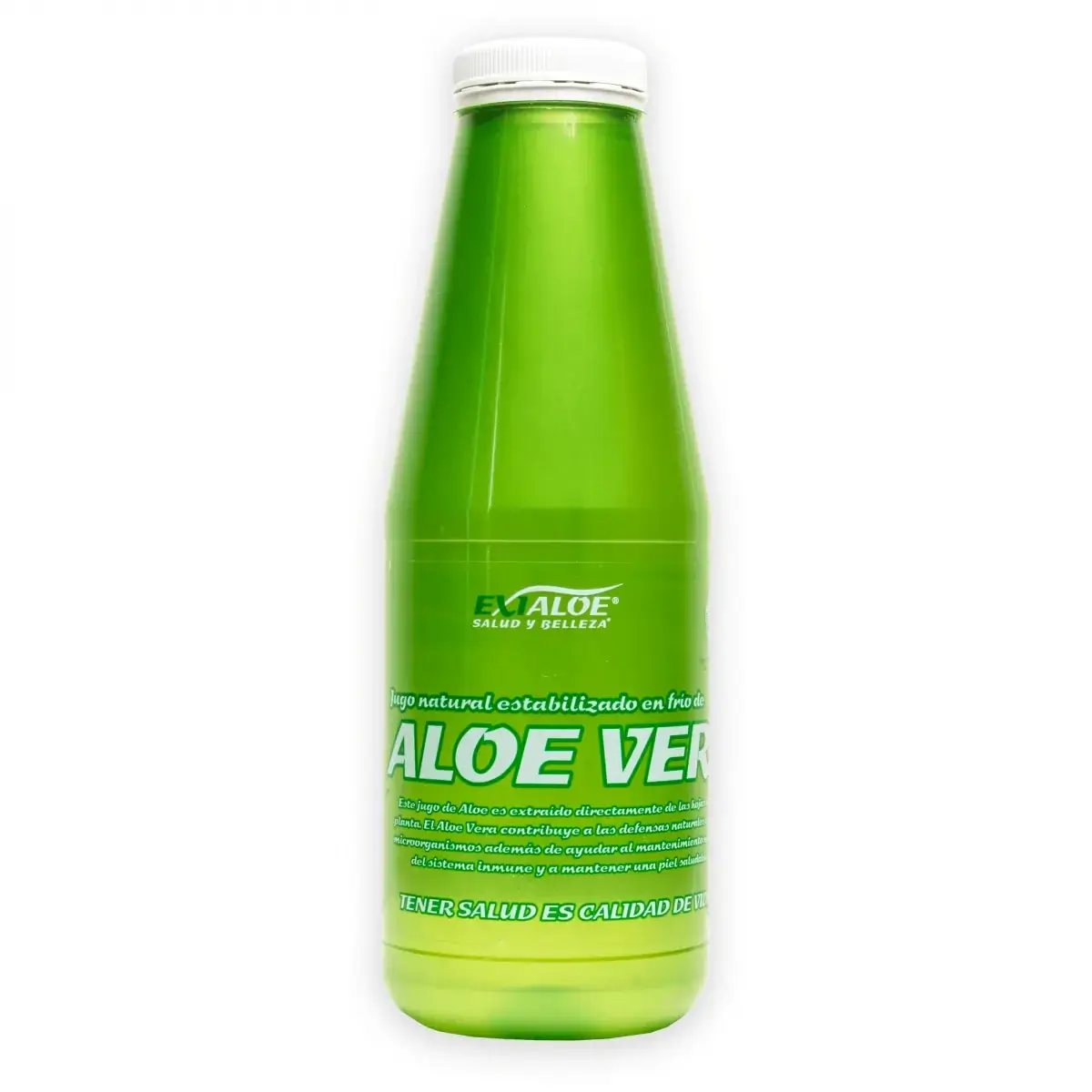 Botella de jugo verde de aloe vera con tapa blanca, sobre fondo blanco, etiqueta visible.