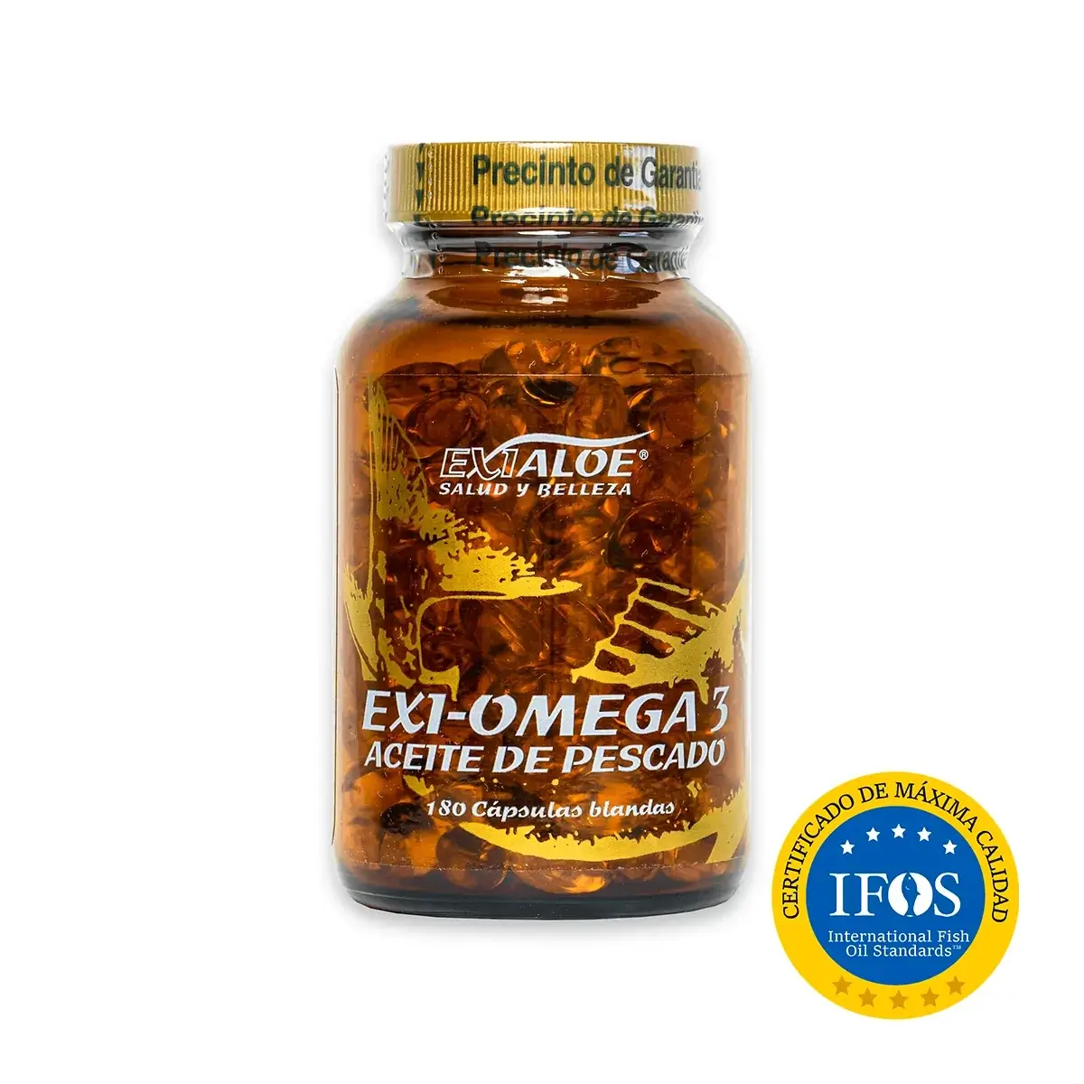 Frasco de suplemento Exi-Omega con cápsulas de aceite de pescado y sello IFOS de certificación.