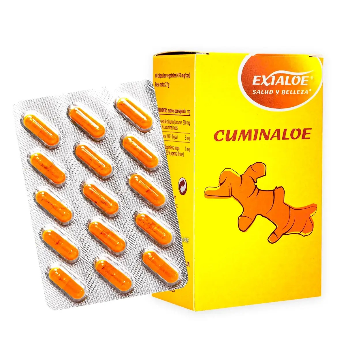 Cápsulas naranjas en blíster plateado junto a caja amarilla Exialoe CuminAloe.