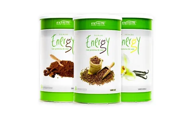 Tres botes de proteína de soja Batido  Energy con tapa verde, sobre fondo blanco, con ingredientes ilustrados.
