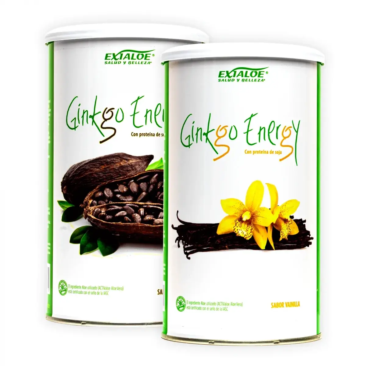 Dos latas de Exialoe con etiquetas verdes, texto Batido “Ginkgo Tnelogy” y flores amarillas y vainilla.