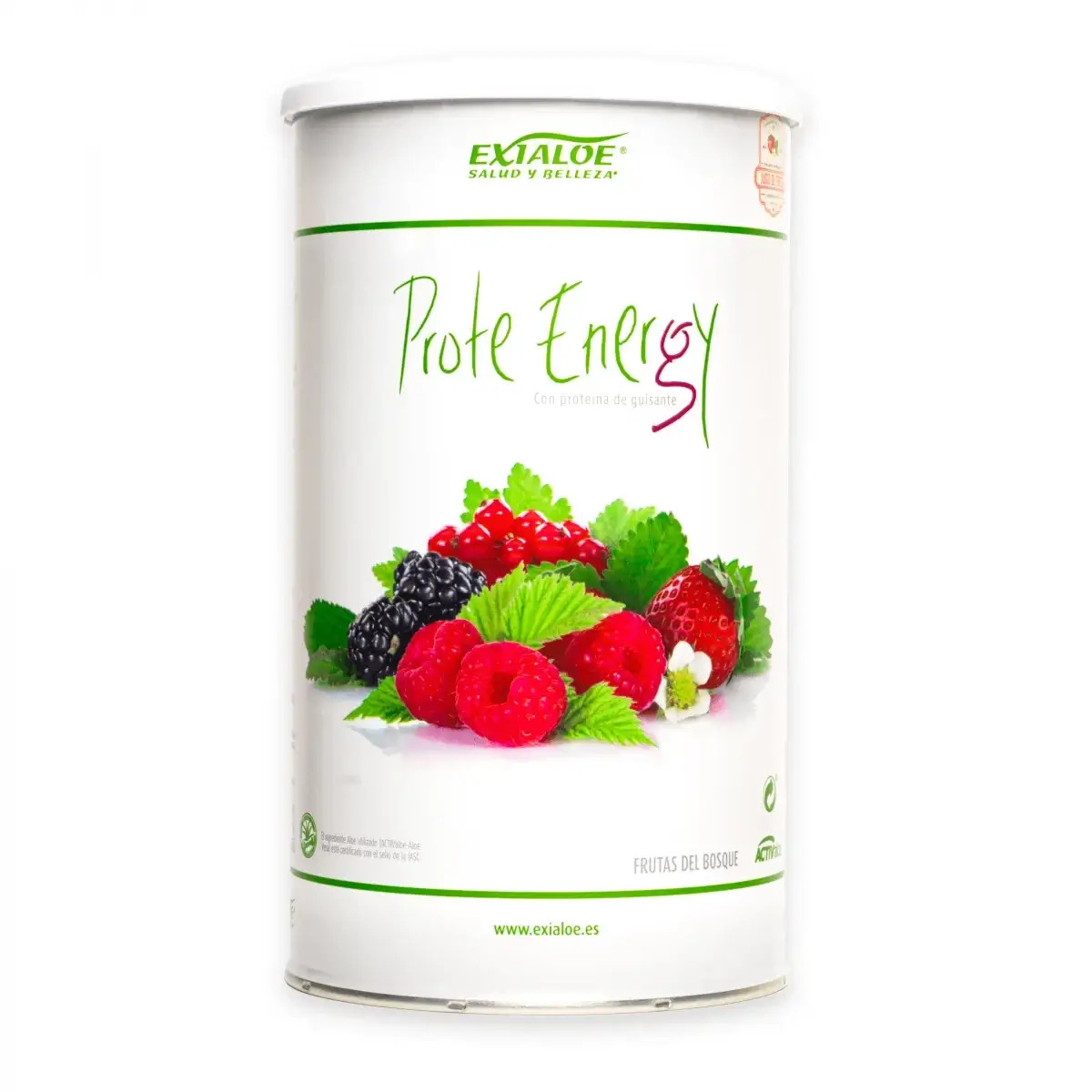 Envase de yogur Exaloe Batido Prote Enery con frutas del bosque, fresas, frambuesas y moras, diseño verde.