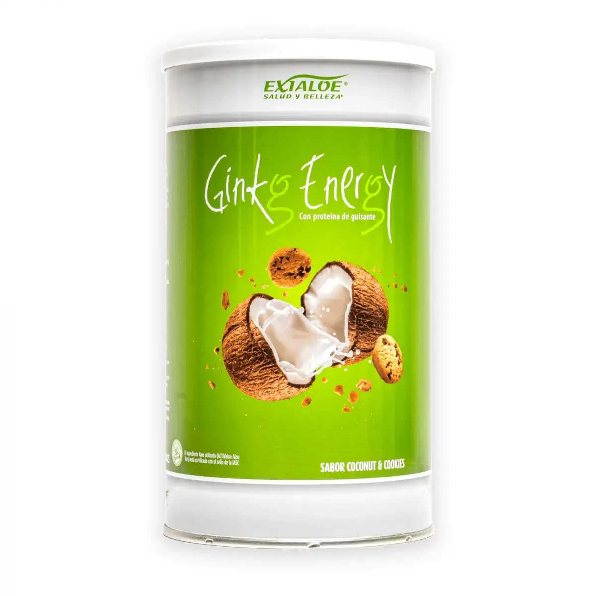 Envase verde de Exialoe con texto Batido “Ginkgo Energy”, coco y cookies, con ilustración de coco partido.