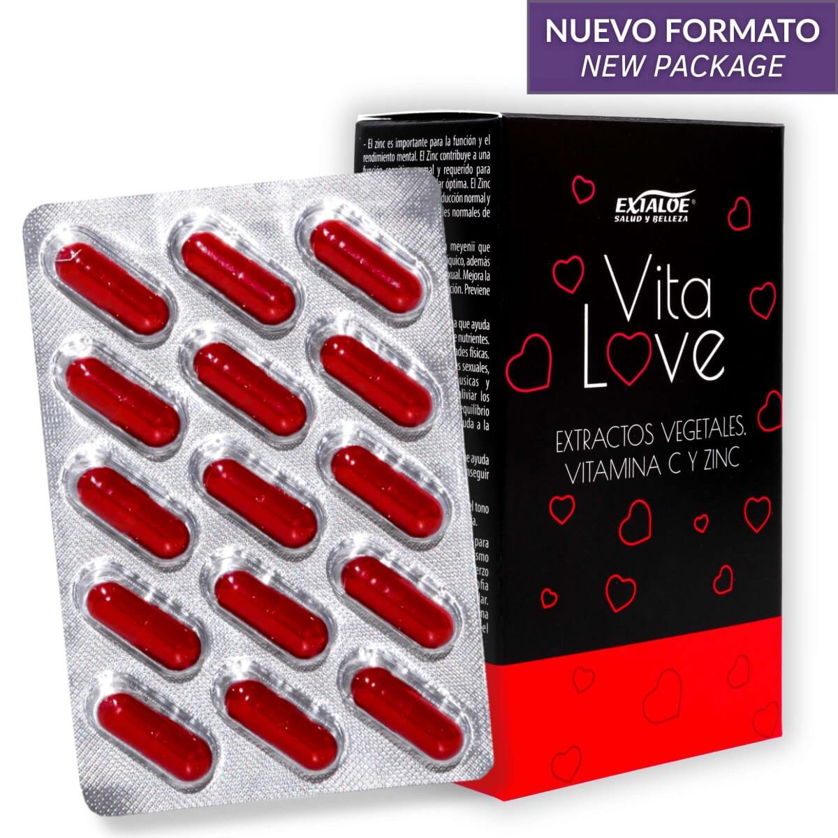Blíster con cápsulas rojas y caja negra “Vita Love” con “Vitamina C y Zinc” y corazones.