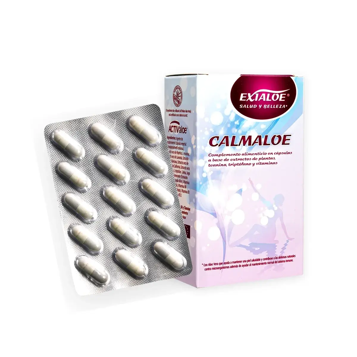 Blíster con cápsulas plateadas y caja de Exialoe Calmaloe, fondo blanco, diseño de salud y belleza.
