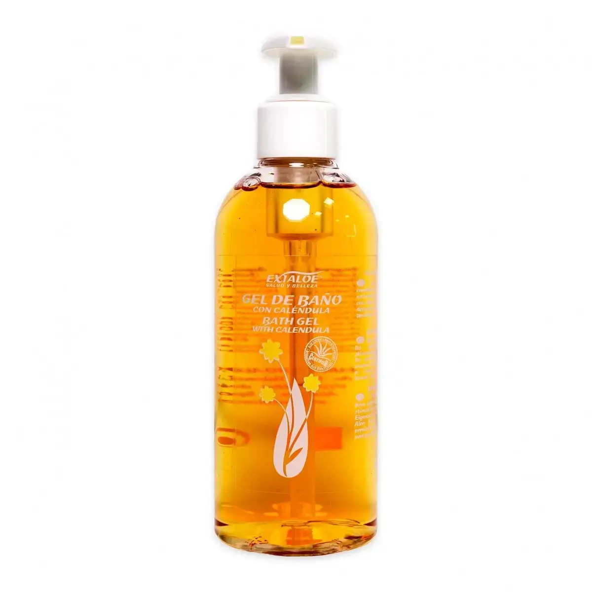 Botella de gel de baño ámbar con dispensador blanco, etiqueta “Exialoe” y flores decorativas.