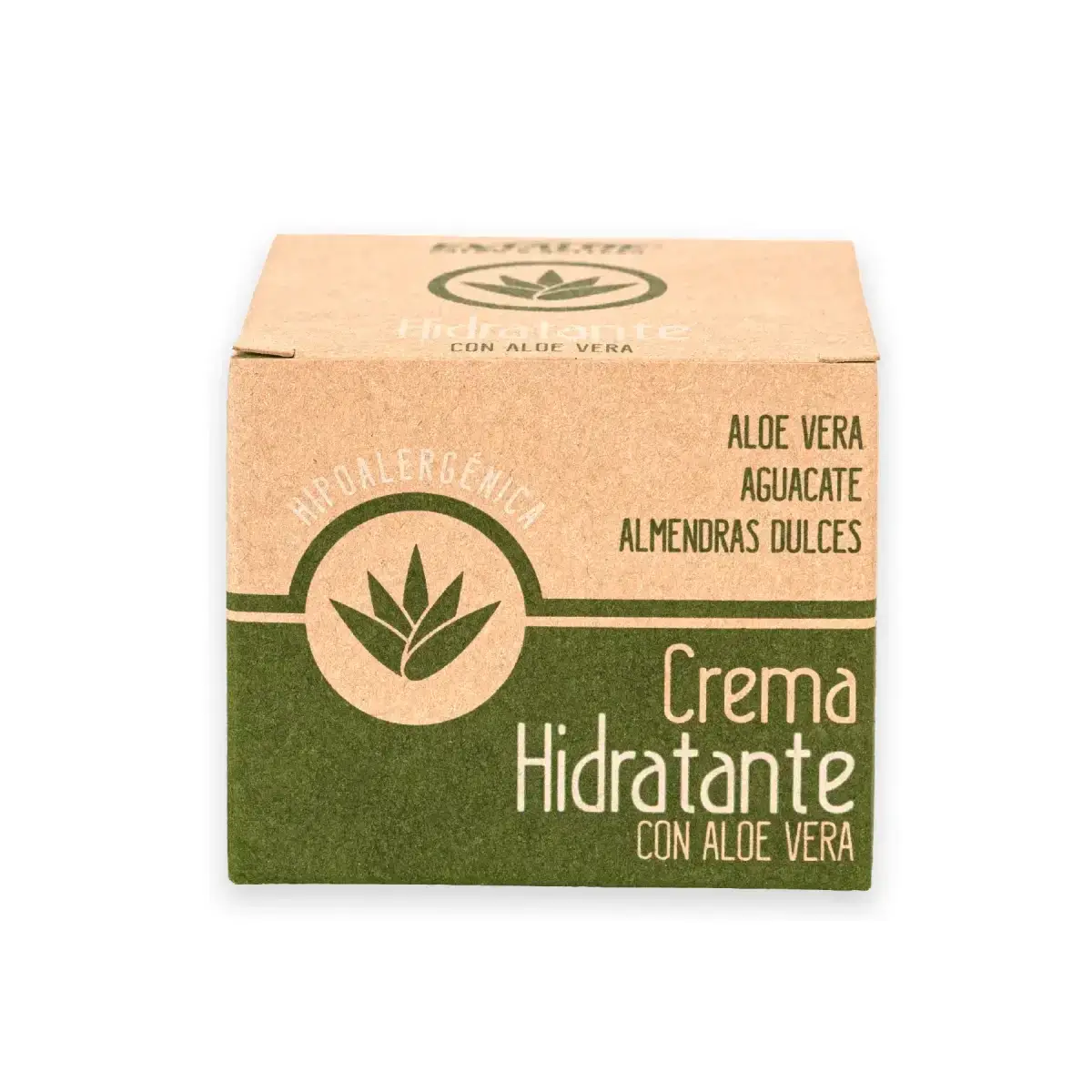 Caja de crema hidratante con aloe vera, aguacate y almendras dulces, diseño verde y beige.