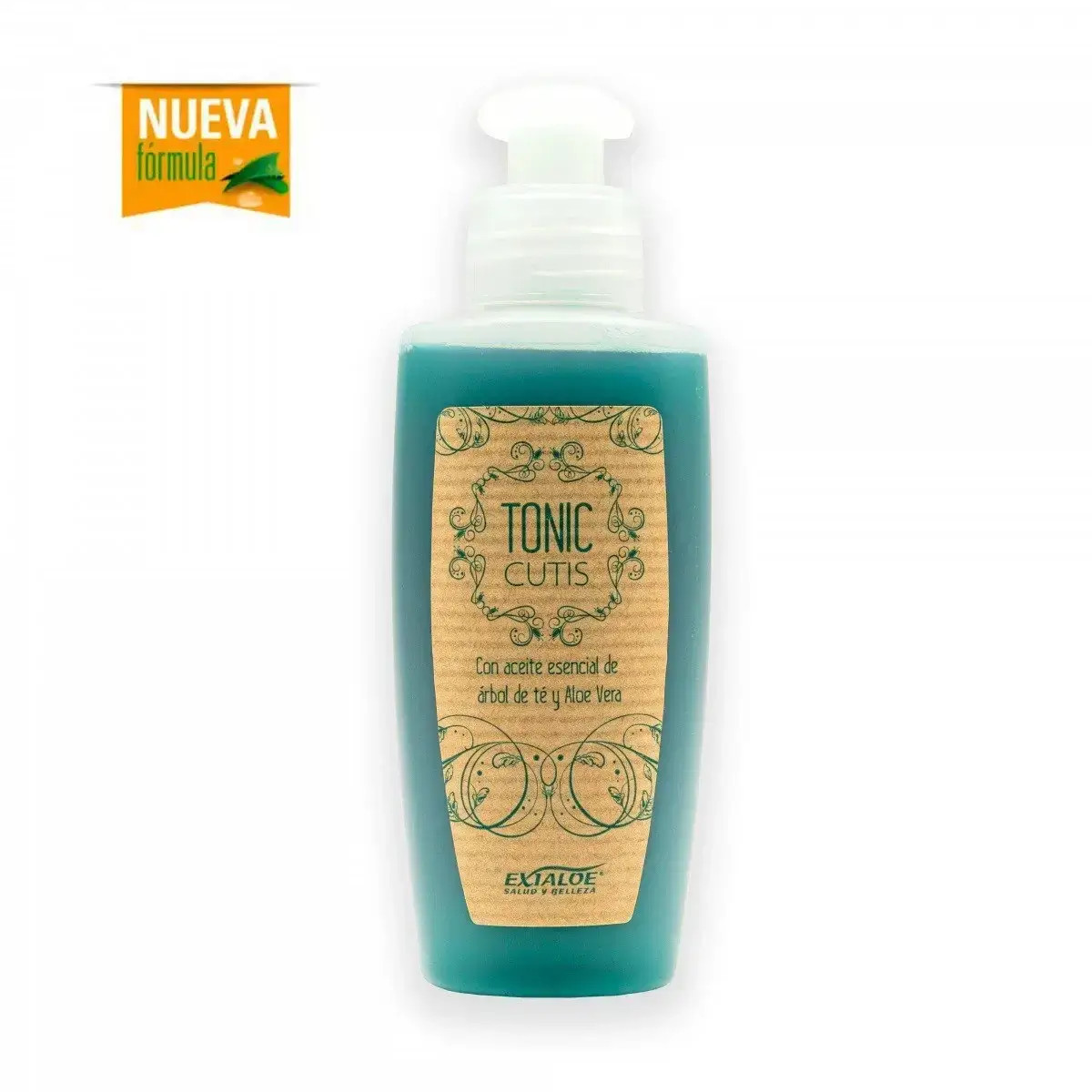 Botella de tónico facial azul con etiqueta “Tonic Cutis” y sello “Nueva fórmula” en fondo blanco. Exialoe.