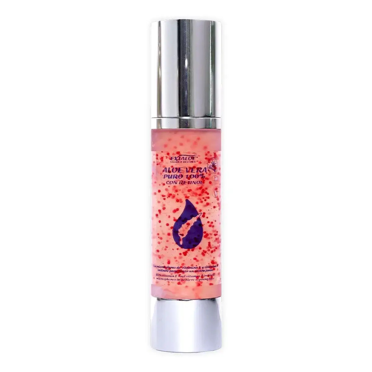 Frasco cosmético plateado con etiqueta rosa y gota azul, texto “Aloe Vera puro 100%”.