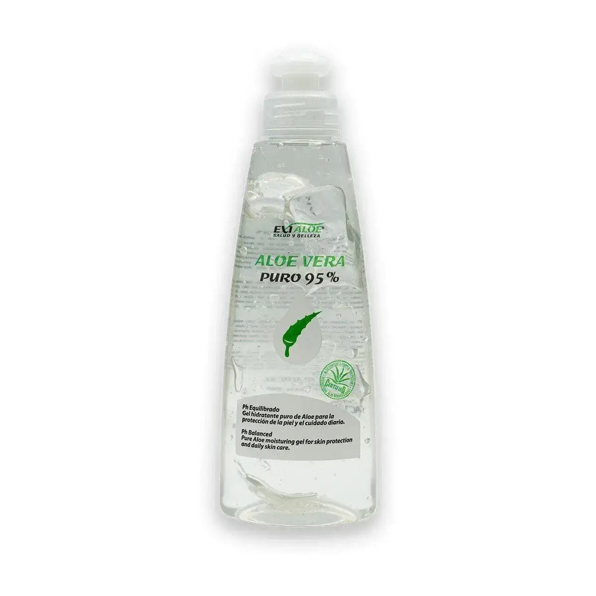 Botella transparente de gel de aloe vera puro 95%, con etiqueta verde y texto de cuidado de piel.