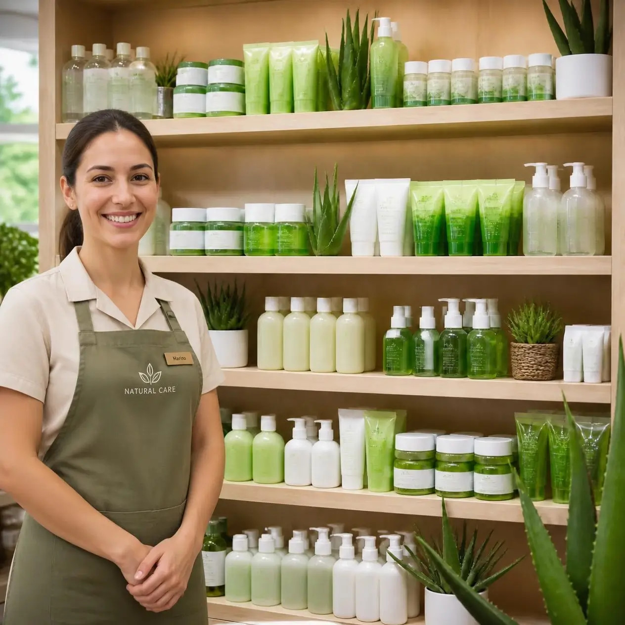 Mujer sonriente con delantal Natural Care junto a estantería con productos cosméticos verdes y aloe.