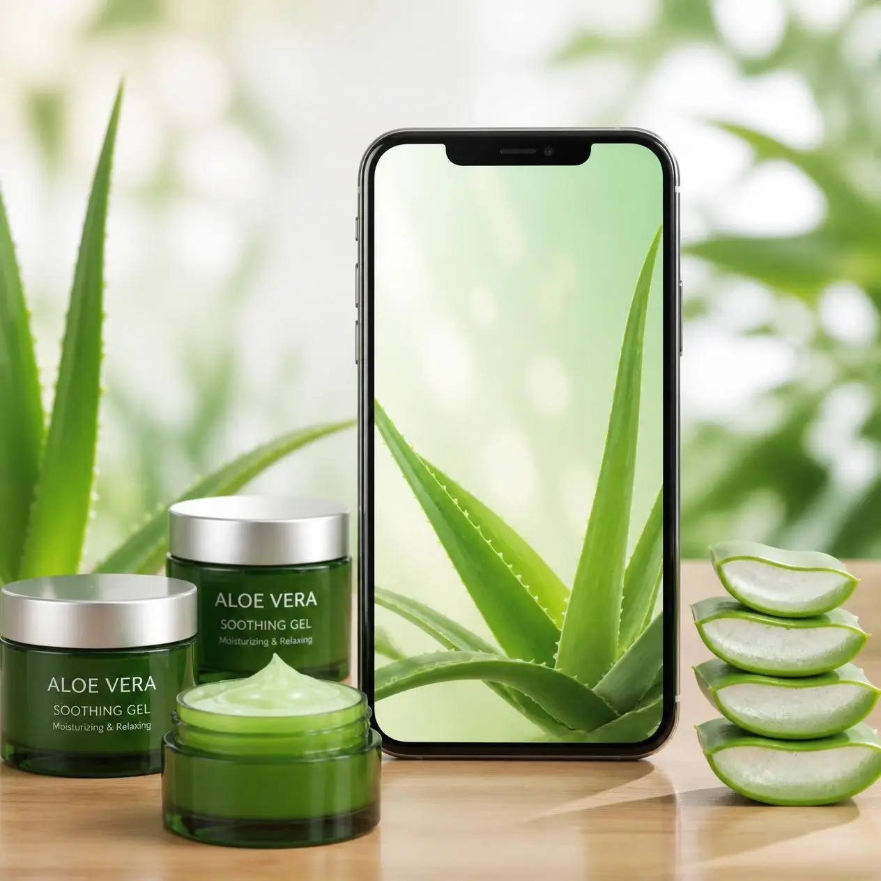 Teléfono con pantalla verde de aloe, junto a frascos cosméticos y hojas de aloe vera.