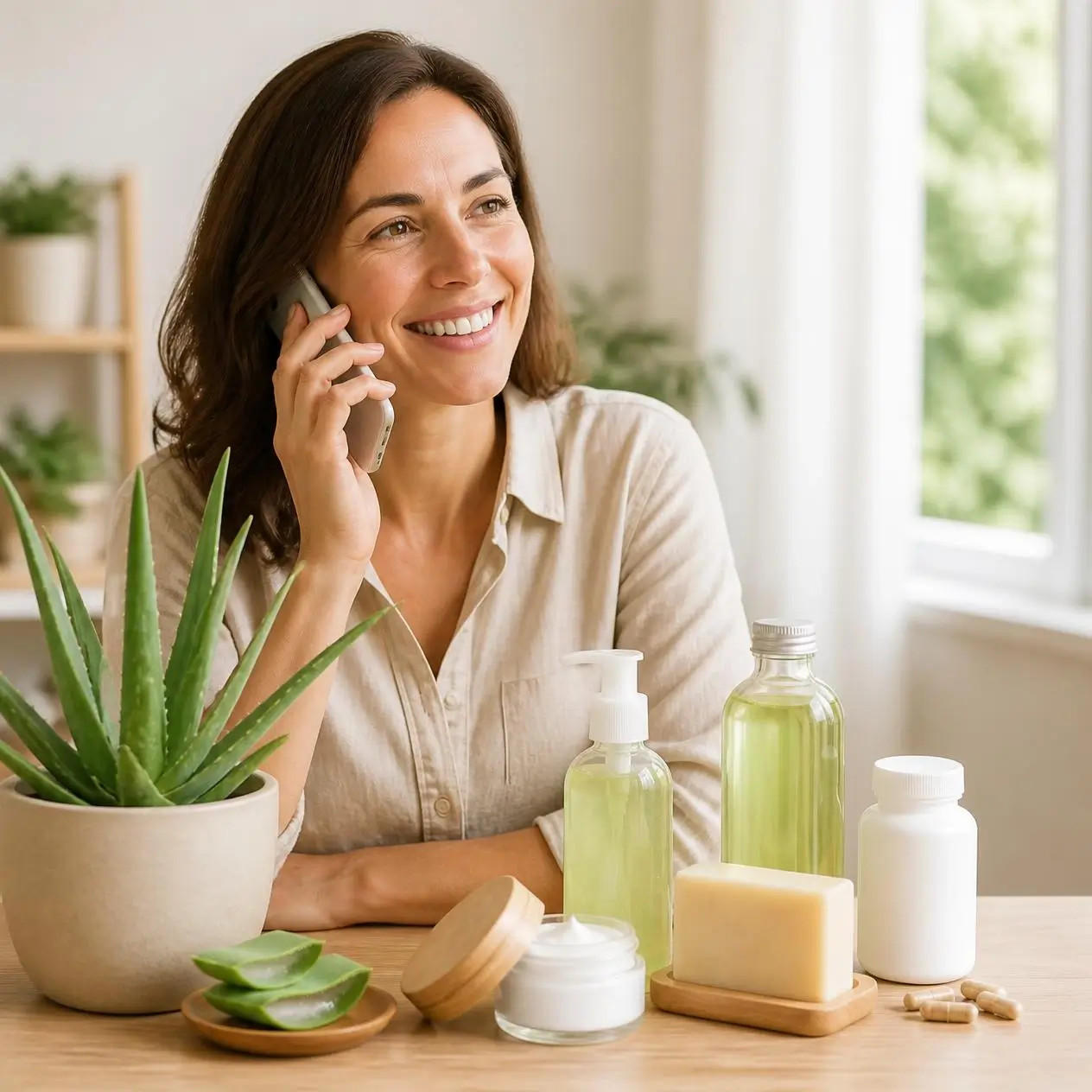 Mujer sonriente habla por teléfono junto a frascos de aceites y aloe vera en una mesa. Hablando de Exialoe.