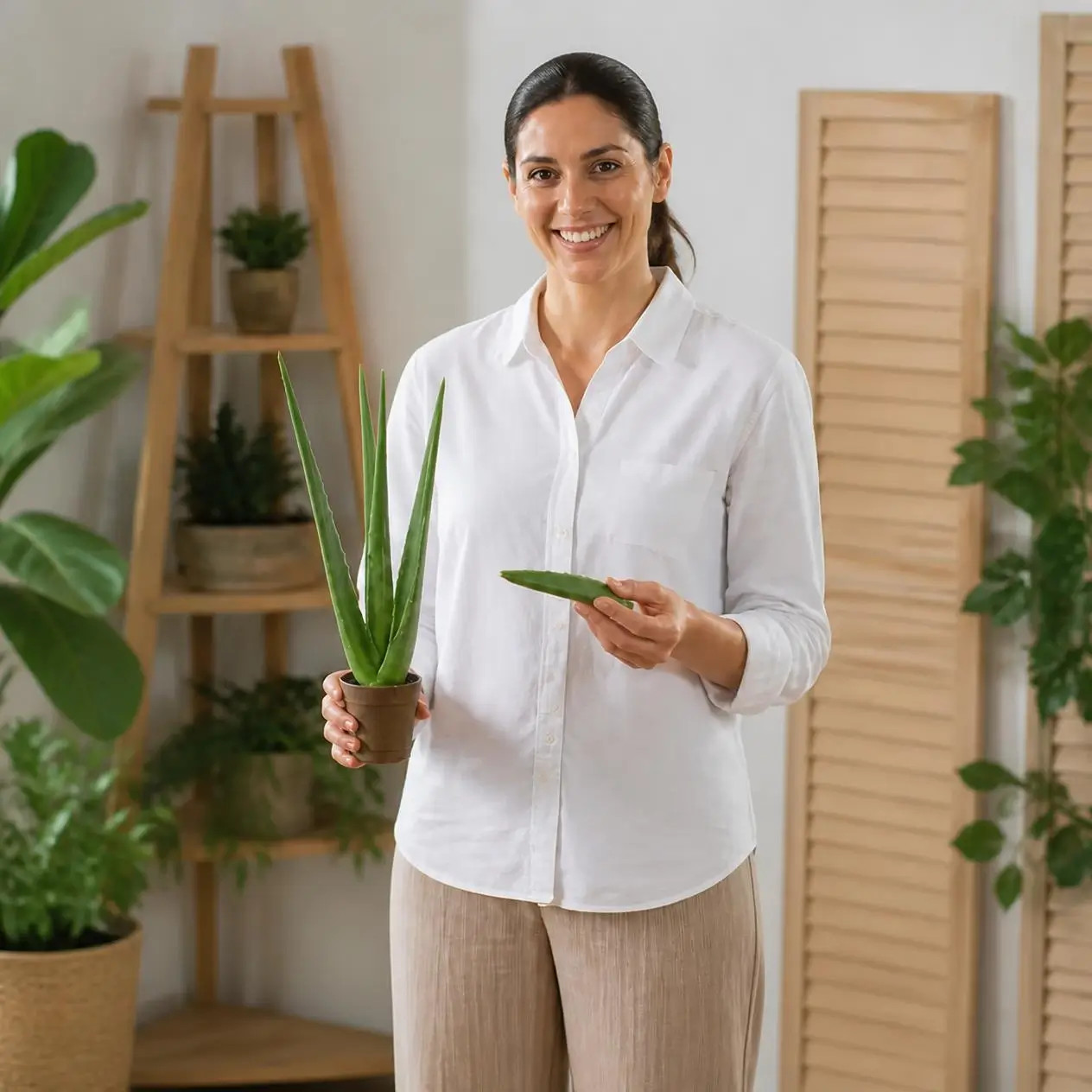 Mujer sonriente con camisa blanca sostiene una maceta con aloe verde en un interior luminoso. Distribuidor Independiente Exialoe en Navarra.