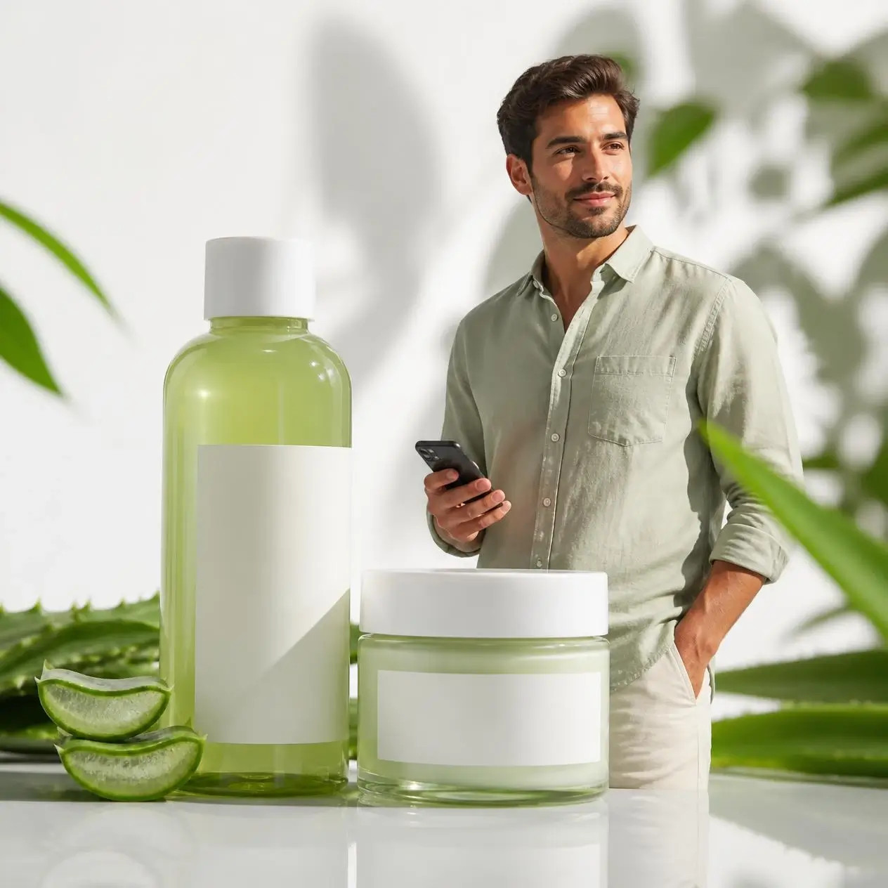 Hombre sonriente sostiene un teléfono junto a frascos de cosméticos verdes y aloe vera sobre fondo blanco.