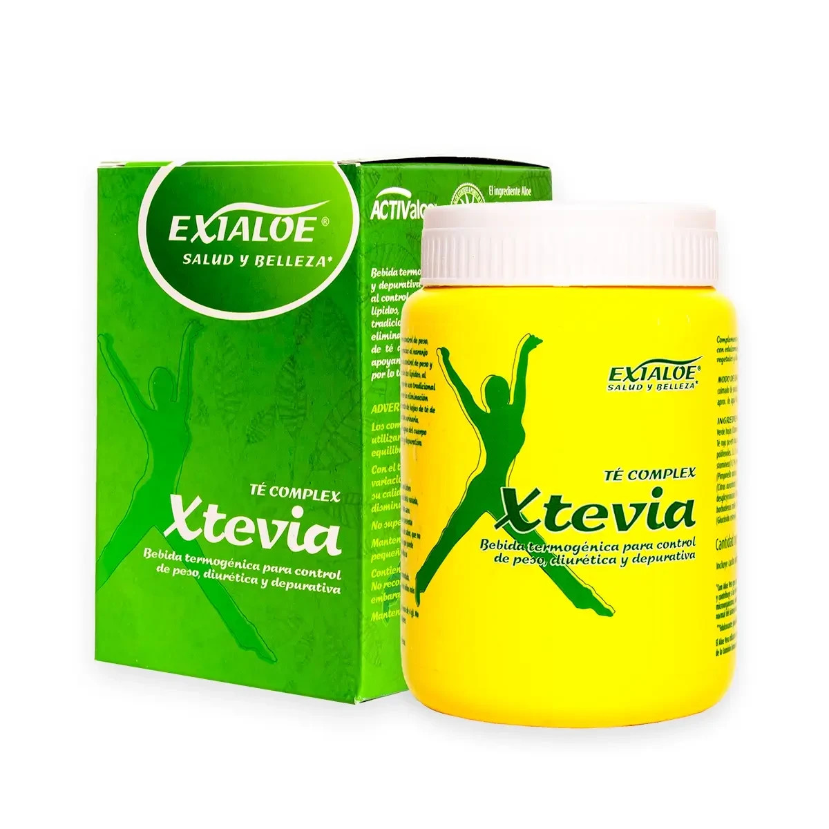 Botella amarilla y caja verde de Té Complex Xtevia de Exialoe. Bebida termogénica para control de peso.