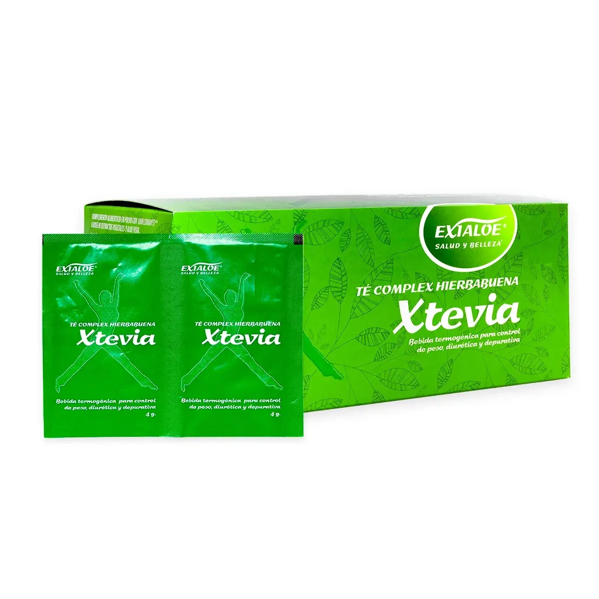 Paquete verde Exialoe Xtevia con té Complex Hierbabuena, bebidas termogénicas, sobre y caja.