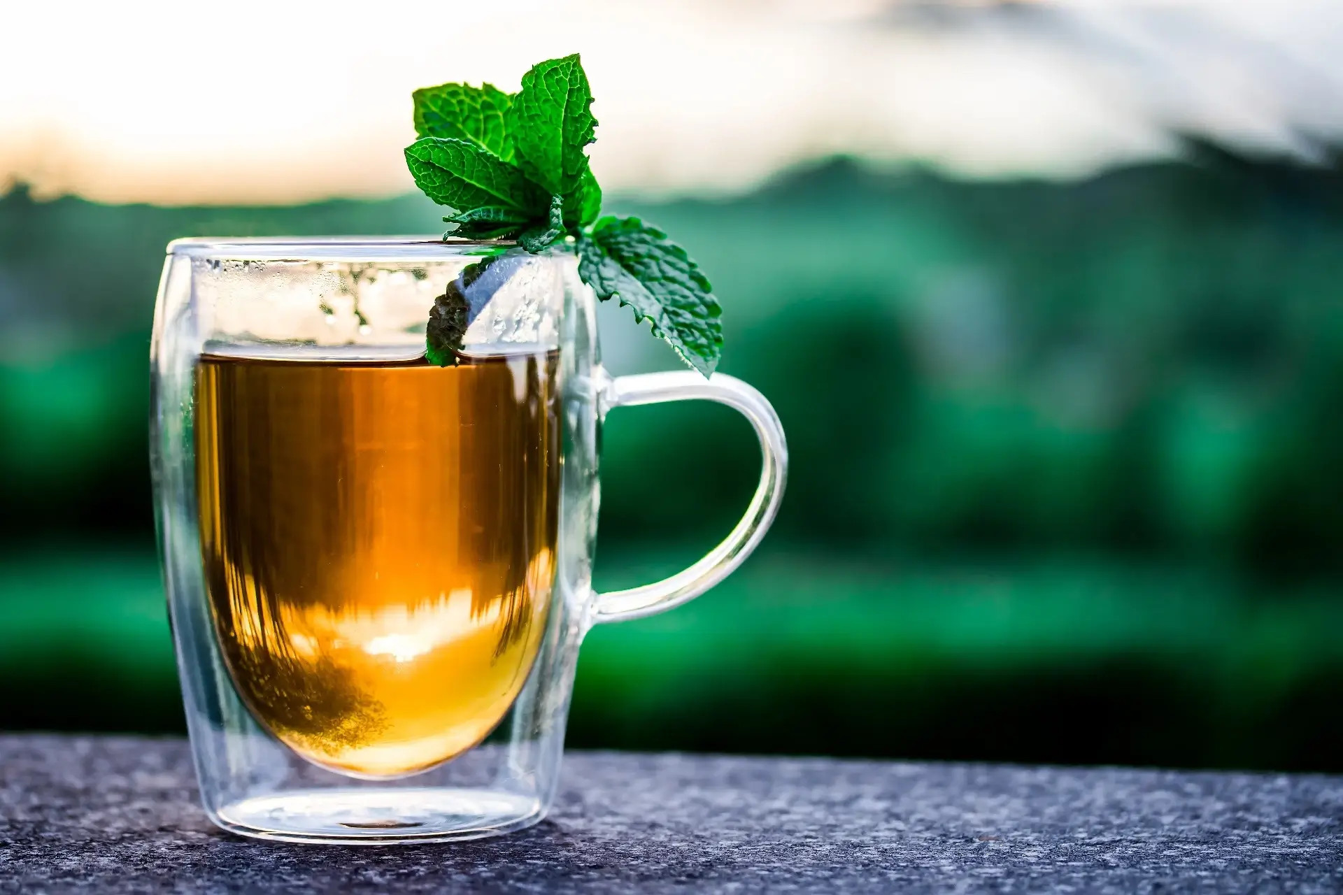 Taza de vidrio con té dorado y hojas de menta verdes flotando, fondo desenfocado al aire libre.