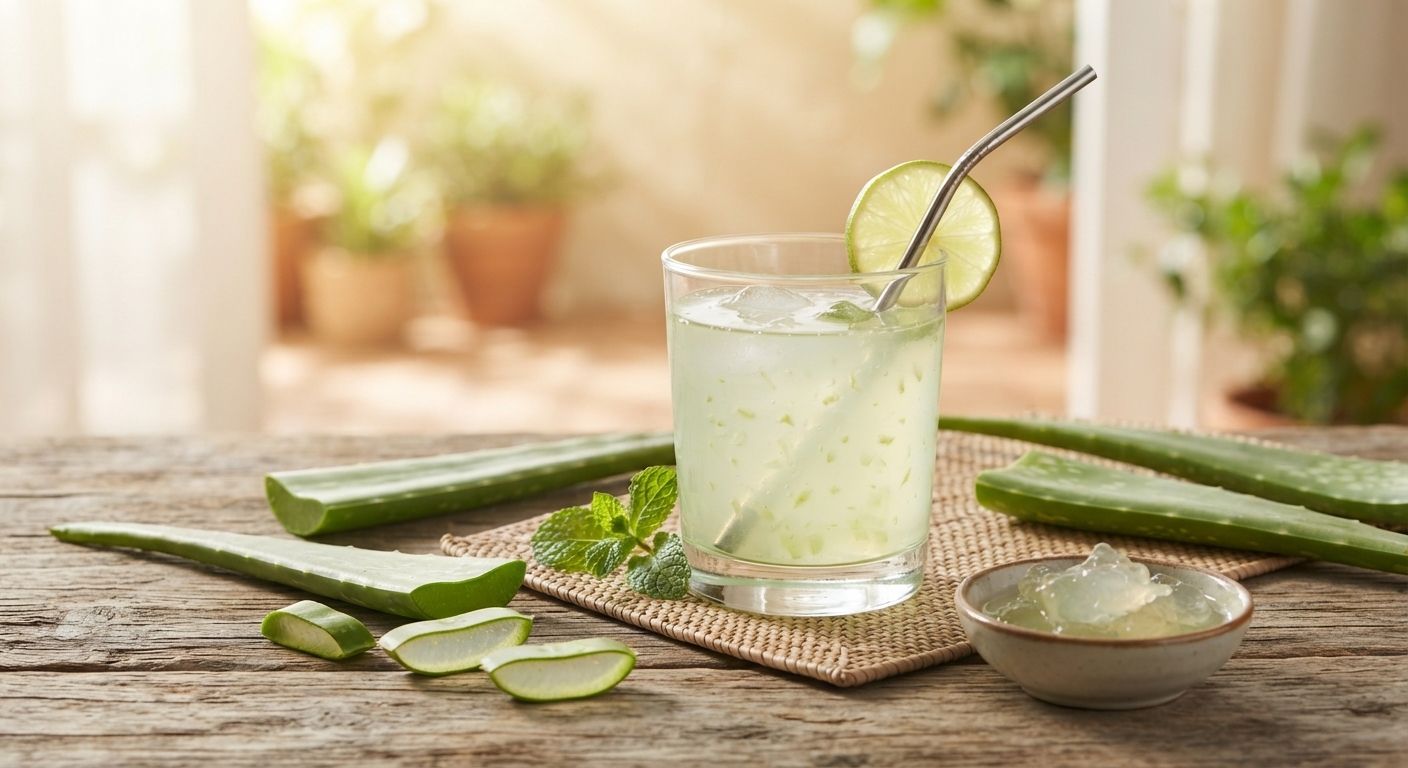 Hoja verde sobre un plato blanco, con gotas de agua cayendo y rodajas de aloe vera.