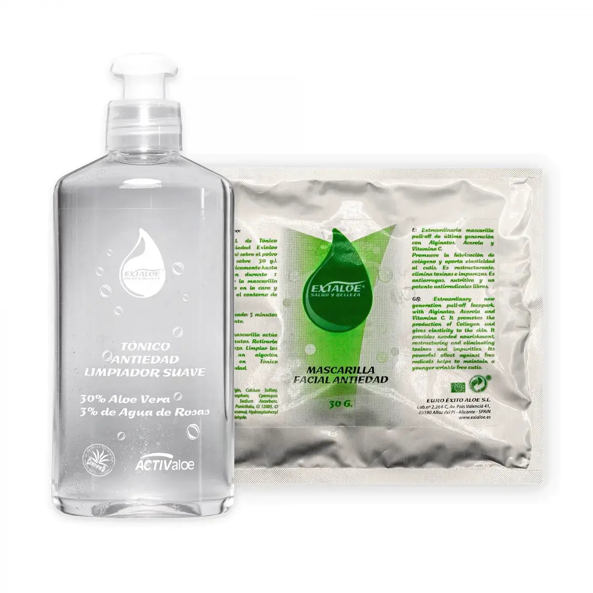 Botella transparente de tónico limpiador y mascarilla facial antiedad en envase plateado, sobre fondo blanco.
